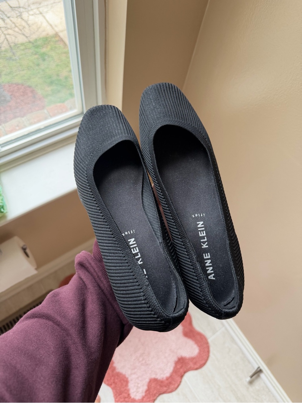 Anne Klein Black Ribbed Knit Slip-On Ballet Flats